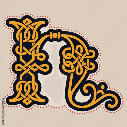 H letter logo with Celtic knots, spiral lines, and red dots. Dim colored medieval initial.