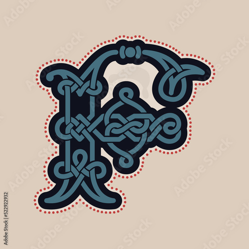 F letter logo with Celtic knots, spiral lines, and red dots. Dim colored medieval initial.