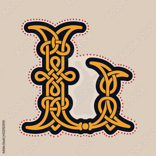 L letter logo with Celtic knots, spiral lines, and red dots. Dim colored medieval initial.