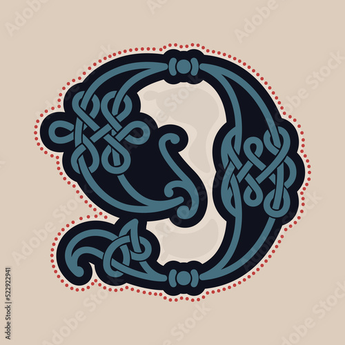 Number nine logo with Celtic knots, spiral lines, and red dots. Dim colored medieval initial.