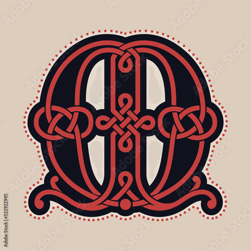 M letter logo with Celtic knots, spiral lines, and red dots. Dim colored medieval initial.