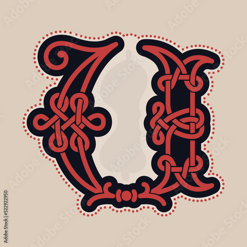 U letter logo with Celtic knots, spiral lines, and red dots. Dim colored medieval initial.