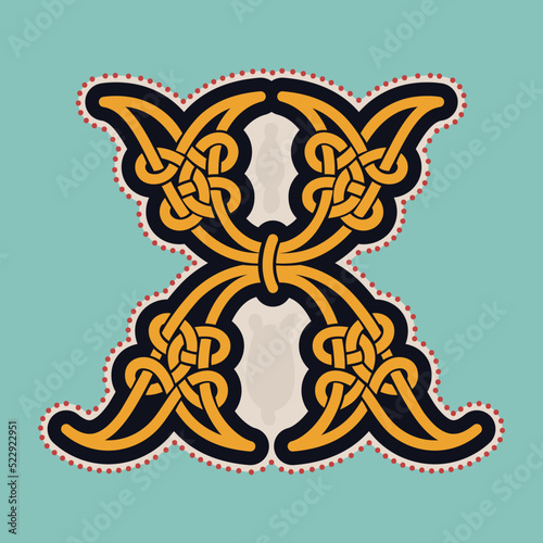 X letter logo with Celtic knots, spiral lines, and red dots. Dim colored medieval initial.