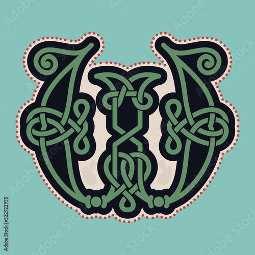 W letter logo with Celtic knots, spiral lines, and red dots. Dim colored medieval initial.