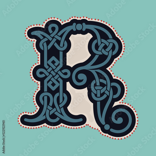 R letter logo with Celtic knots, spiral lines, and red dots. Dim colored medieval initial.