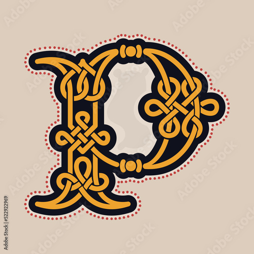 P letter logo with Celtic knots, spiral lines, and red dots. Dim colored medieval initial.