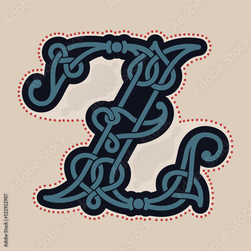 Z letter logo with Celtic knots, spiral lines, and red dots. Dim colored medieval initial.