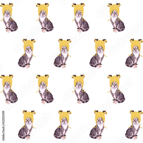 Pussycats in yellow knitted hats with deer antlers form a seamless pattern on...