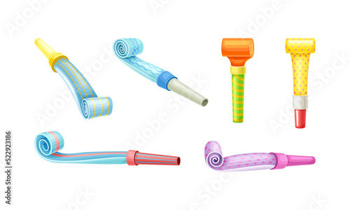 Bright Party Whistle as Birthday Toy and Accessory for Blowing and Making Sound Vector Set