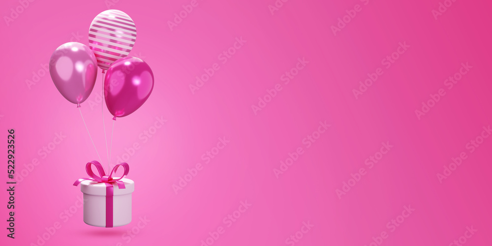 Balloons lifting gift box and space for text against color background. 3D rendering banner. Present consept.