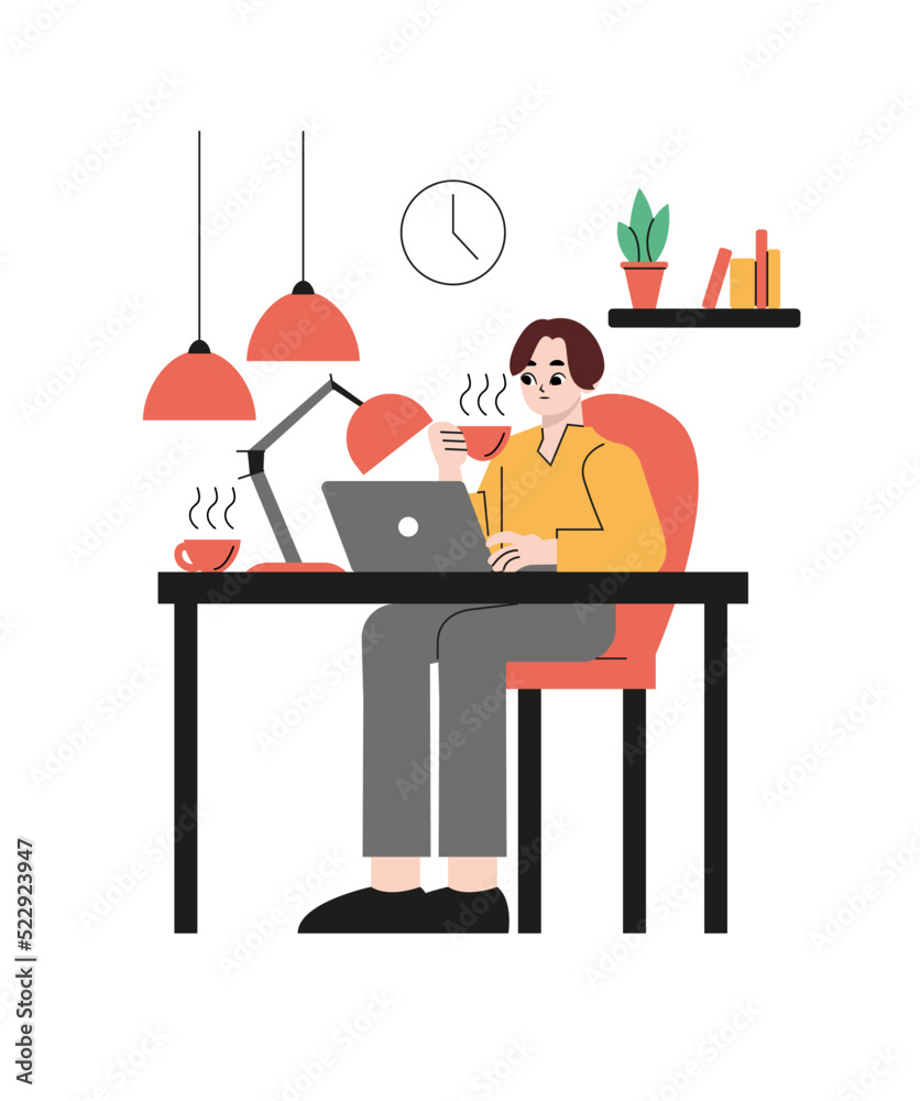 Serious young man working with laptop at desk, holding cup of coffee. Office worker at modern workplace with plants. Colored flat vector illustration of positive employee isolated on white background