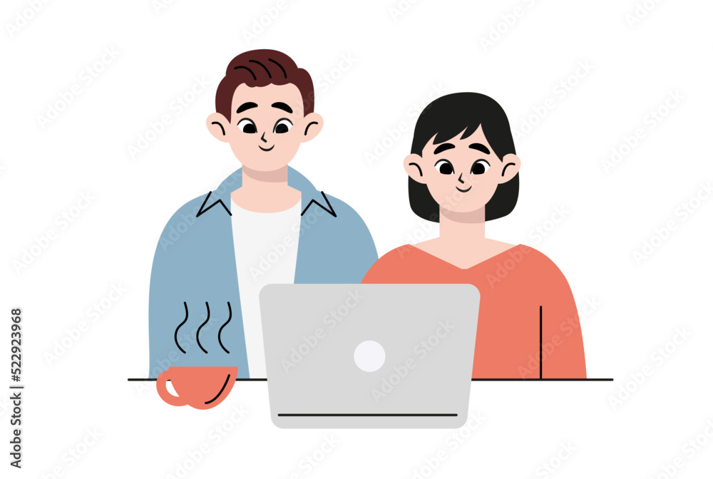 Young couple using a laptop. Web page design template for online education, learning, video tutorials. Vector illustration in flat style Young couple using a laptop. Web page design template for online education, learning, video tutorials. Vector illustration in flat style