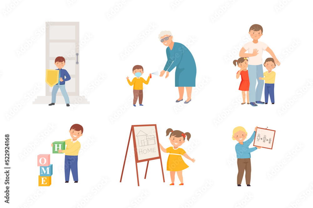 Cute Little Children Loving and Protecting Their Family Members Vector Set