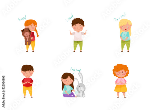 Guilty Little Boy and Girl Saying Sorry and Apologizing for Misbehave Vector Set