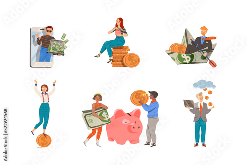 People with Money Coins and Dollar Banknotes as Financial Success Gaining Vector Illustration Set
