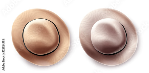 Travel hat vector set design. Traveler cap collection for outdoor tour and trip sun protection isolated in white background. Vector Illustration. 