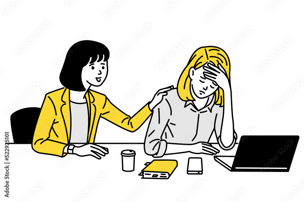 Female office worker embracing and supporting each other when she feel sad, upset, sick or unwell. Outline, linear, thin line art, hand drawn sketch, cute character design. Female office worker embracing and supporting each other when she feel sad, upset, sick or unwell. Outline, linear, thin line art, hand drawn sketch, cute character design.