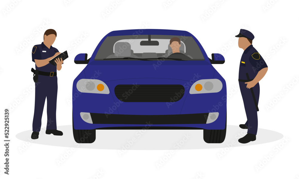 Two police officers in uniform surrounded a car with a driver on a white background Two police officers in uniform surrounded a car with a driver on a white background