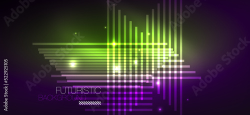 Background neon glowing lines and geometric shapes. Lights in the dark wallpaper for concept of AI technology, blockchain, digital, communication, 5G, science