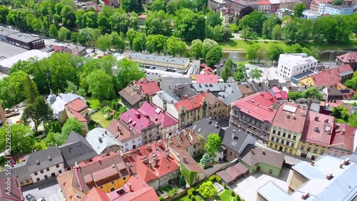 Aerial view of Cieszyn in Poland and Cesky Tesin in Czech Republic separated by Olza River, 4k photo