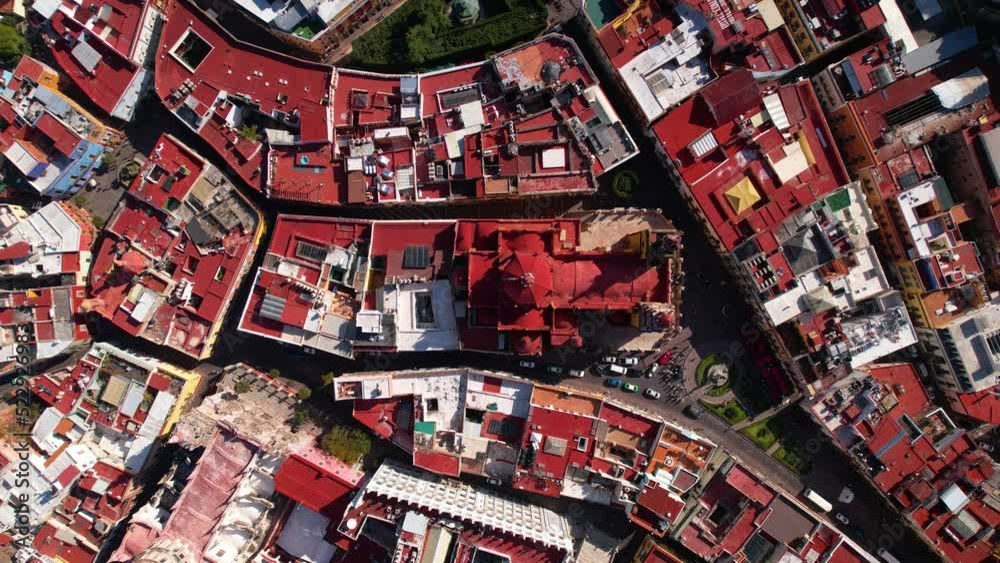 Overhead aerial of red color roofs over the streets of the center of Guanajuato Overhead aerial of red color roofs over the streets of the center of Guanajuato