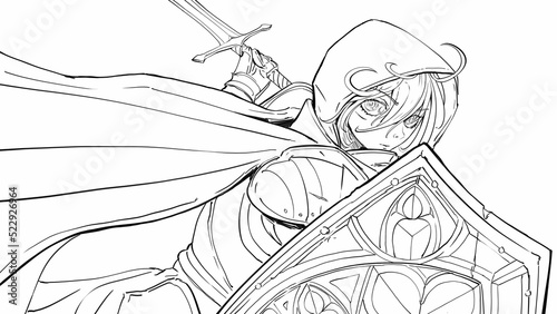 A sweet and determined paladin girl with stained-glass  shield  she is a knight in white cloak and gilded armor  running into battle with a sword. 2d action anime art  linear drawing 