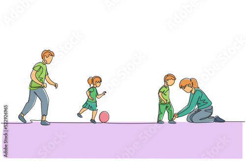 One single line drawing of young dad playing soccer with daughter at field while mom tying son's shoelaces vector illustration. Happy family parenting concept. Modern continuous line draw design