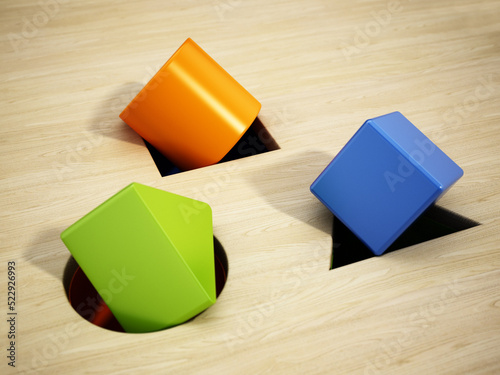 Shape sorter puzzle toy with square, circle and triangle shapes inside wrong places. 3D illustration photo