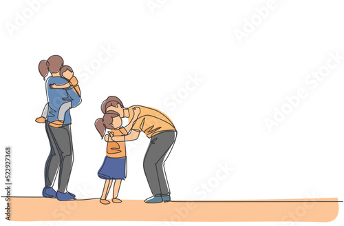 One continuous line drawing of young father hugging his daughter before go to the office while mother carrying son at home. Happy family parenting concept. Single line draw design vector illustration