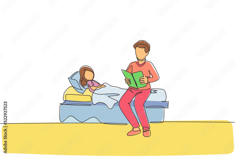 One continuous line drawing of young dad siting on bed room and reading story book to his daughter before sleeping. Happy family parenthood concept. Dynamic single line draw design vector illustration