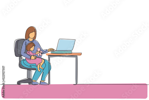 Single continuous line drawing of young mother siting on chair and holding her daughter while typing on laptop, work from home. Happy family parenting concept. One line draw design vector illustration