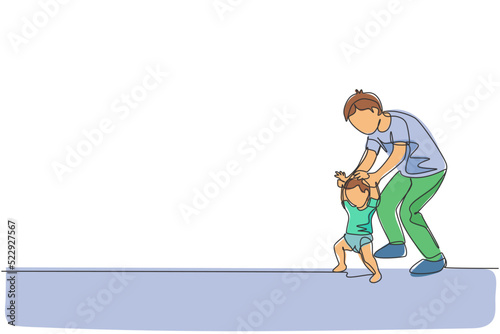 One continuous line drawing of young father teaching his son learning lead walk at home. Happy family parenthood concept. Dynamic single line draw graphic design vector illustration