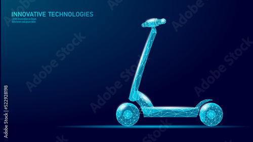 Electric scooter low poly design. Eco micromobility transport last-mile problem solution. Pick up scooter-sharing rental system. E-scooter urban mobility vector illustration