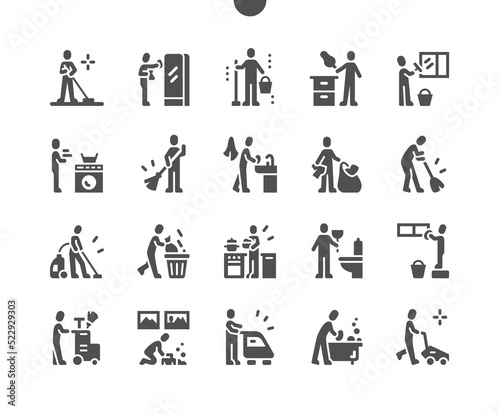 Cleaning people. Service. Wash window, remove trash, wash bathroom and other. Vector Solid Icons. Simple Pictogram