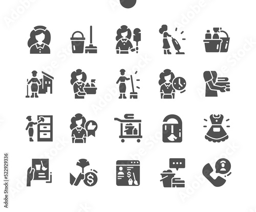 Maid. Cleaning service. House cleaner. Maid checklist. Clean towels. Vector Solid Icons. Simple Pictogram
