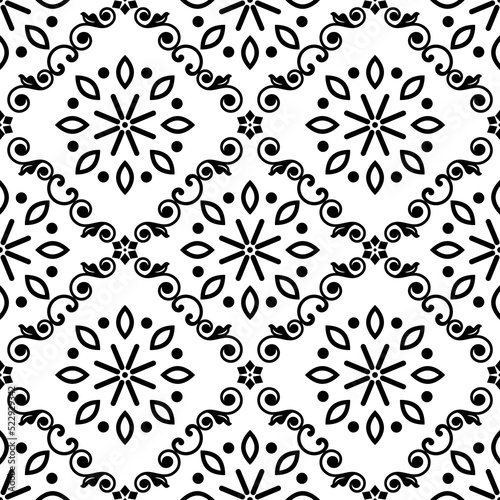 Lisbon style Azulejo tile seamless vector in black with flowers and leaves  repetitive design inspired by art from Portugal  