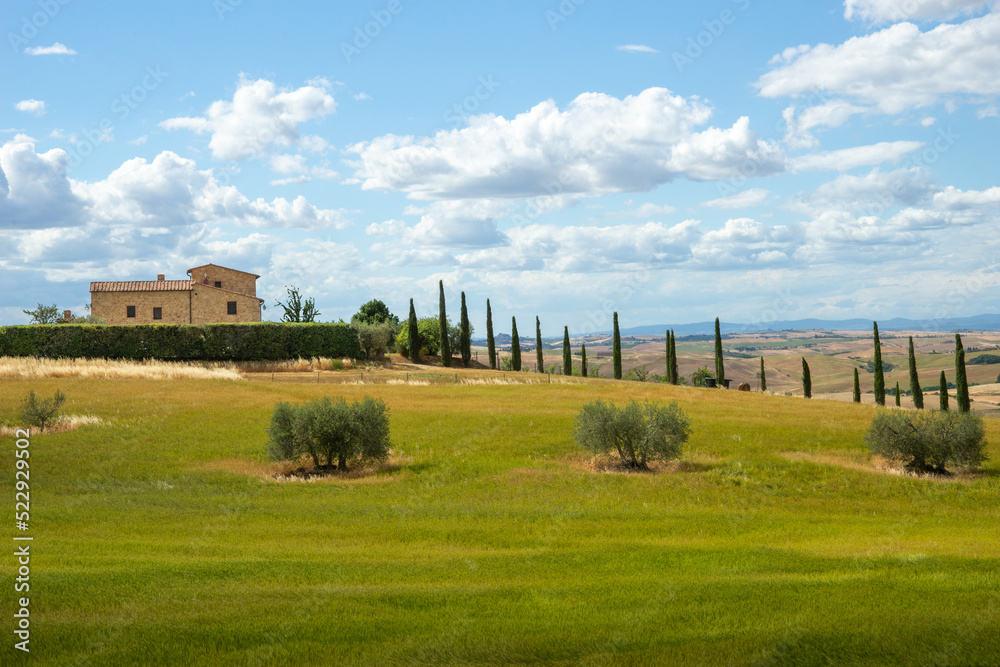 landscape Tuscany in Italy, old house and cypress trees