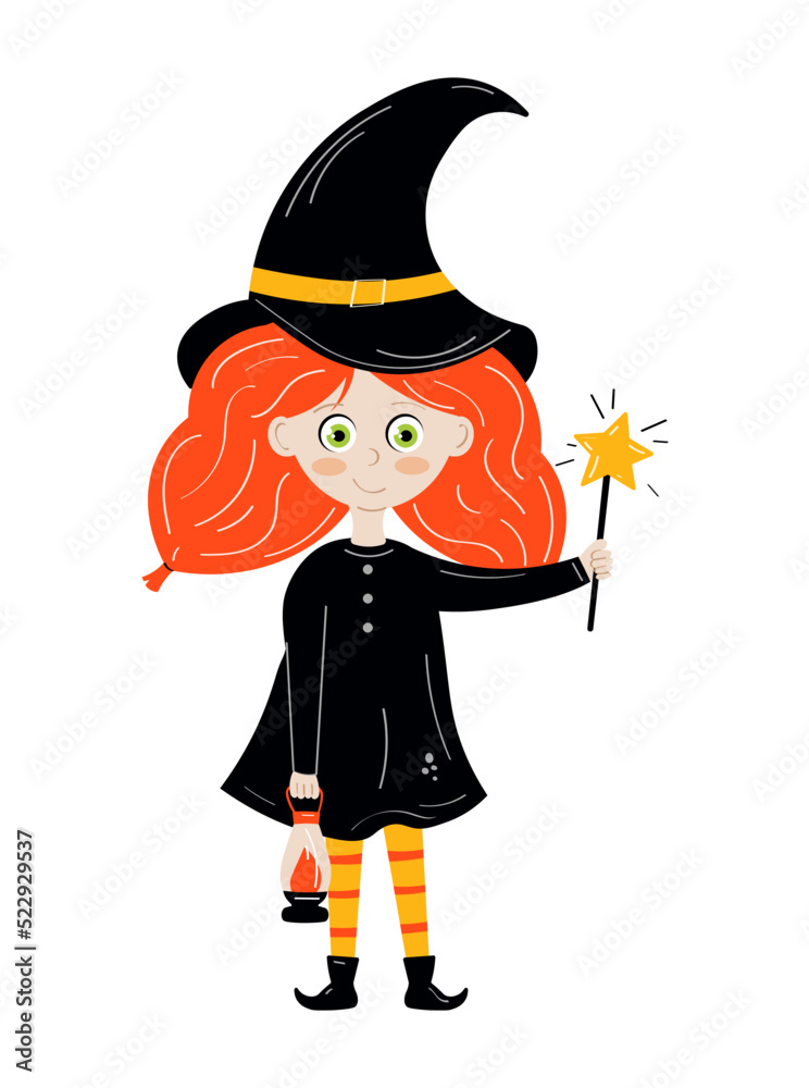 Cute girl in Halloween witch costume. Vector illustration