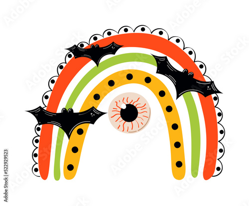 Halloween rainbow. Cute scary rainbow. Design for postcards or clothing. Colorful illustration with spotted animal print.
