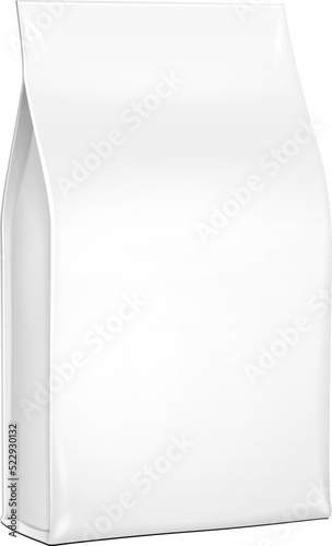 Mockup White Plastic, Foil Paper Food Bag Package Of Coffee, Spices Or Flour. Grayscale. Illustration Isolated On White Background Handle. Mock Up Template Ready For Your Design. Product Packing.