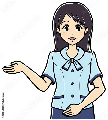 案内するオーバーブラウスの女性（上半身）