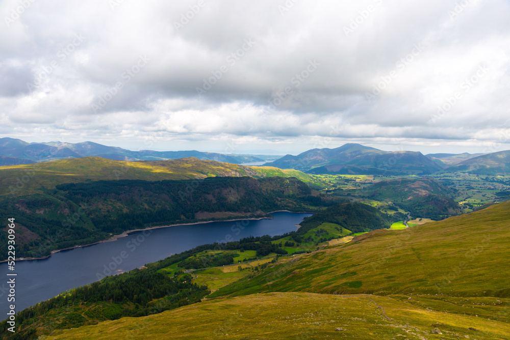 Fototapeta premium National Park Lake District, Helvellyn Hills, view while climbing Lake Thirlmere and Red Tarm, crossing Striding Edge and Swirral Edge during fog, 2022.