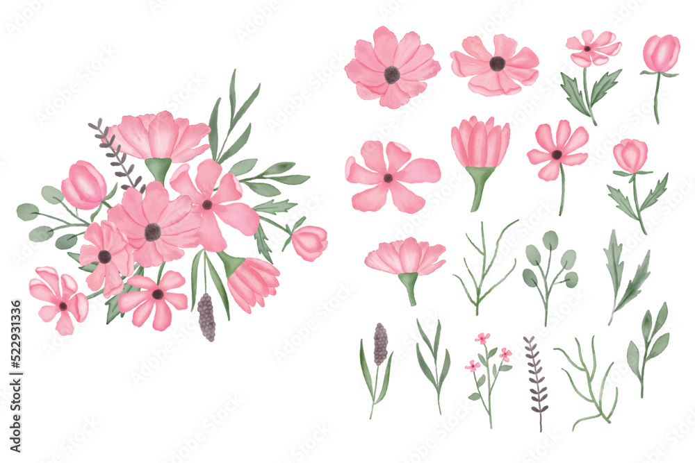 Set of watercolor flower pink clipart