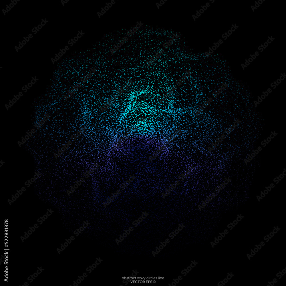 Abstract 3D sphere dot particle light flowing wave blue green gradient isolated on black background. Vector in concept of AI technology, science, music, modern.