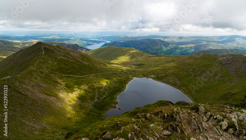 National Park Lake District, Helvellyn Hills, view while climbing Lake Thirlmere and Red Tarm, crossing Striding Edge and Swirral Edge during fog, 2022. photo