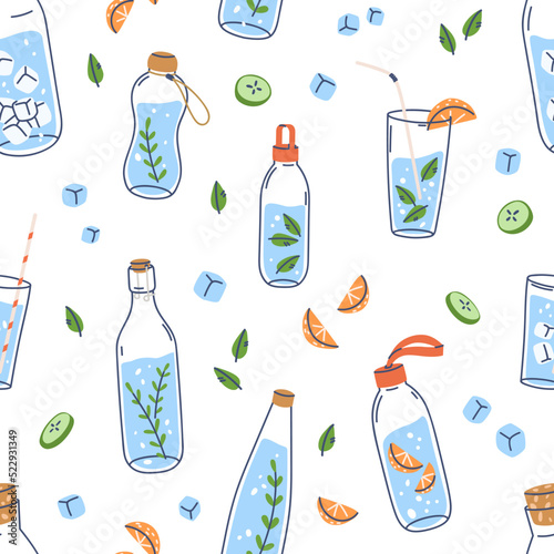 Water bottles, glasses pattern. Seamless repeating background with detox drin...