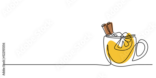 a cup of autumn hot drink with cinnamon in continuous line drawing vector illustration. minimalism style and copy space