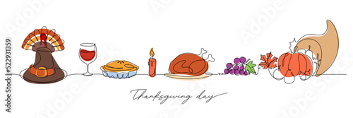 continuous line drawing of thanksgiving celebration table vector illustration and background