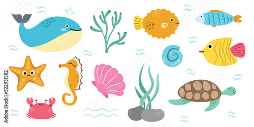 Set of cute sea animals ocean illustration