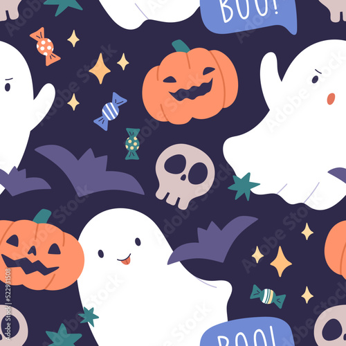 Cute Halloween pattern design with kid ghosts, pumpkins, skulls print. Seamless repeating holiday background with phantoms, spooks. Endless Helloween texture. Colored flat graphic vector illustration